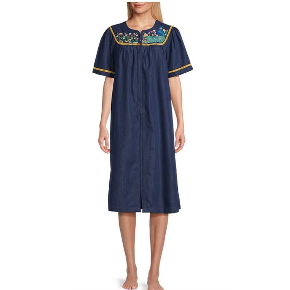 Go Softly Embroidered Peacock Floral Denim Zip Patio Dress | Sz M, Mumu Caftan - Picture 3 of 3